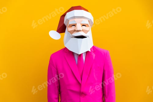 Preview: Man with funny low poly mask on colored background