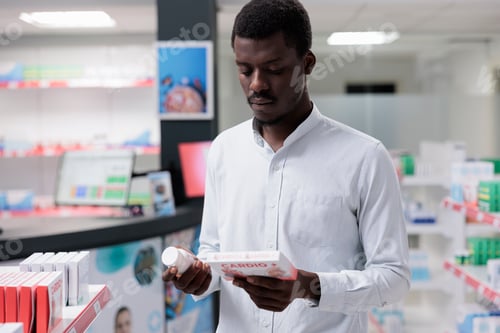 Preview: Young african american man choosing cardiovascular supplements in drugstore