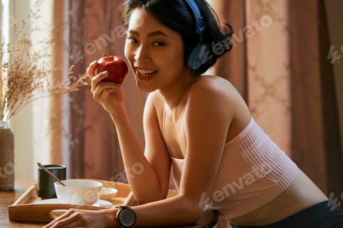 Preview: Pretty woman eating red apple