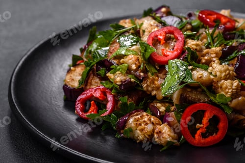 Preview: A salad of baked aubergine, sweet pepper, garlic, zucchini and parsley in a black plate