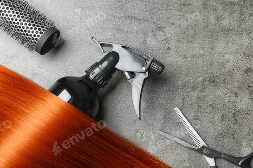 Preview: Flat lay composition with hair lock and tools on grey background