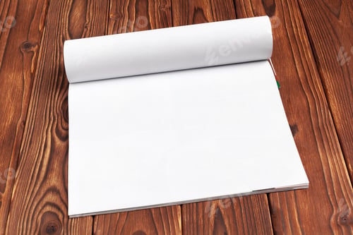 Preview: Blank sketchbook on wooden table ready for artistic creation during bright afternoon