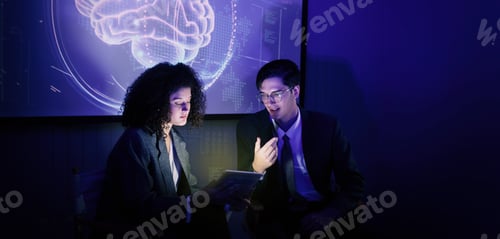 Preview: Business team discussing and using technology artificial intelligence with digital Ai assistant.