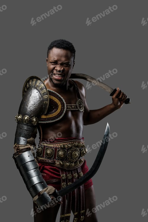 Preview: Furious black gladiator with dual swords against gray background