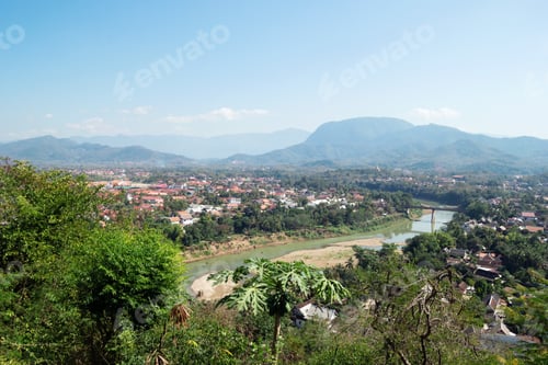 Preview: View on the city, river and mountains from hill. Luang Prabang, Laos.