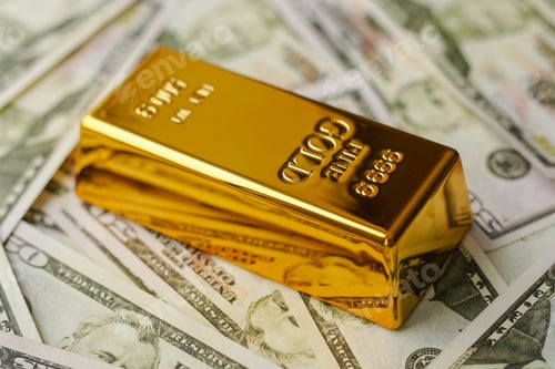 Preview: Gold bar on US dollar bill banknotes. Buying gold bars for investment.