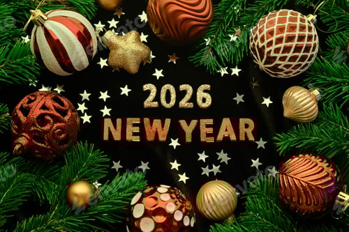 Visualização: Fundo escuro de Ano Novo de 2026. Número do próximo ano na decoração de Natal.