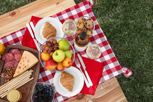 Preview: Picnic table with different tasty snacks, top view