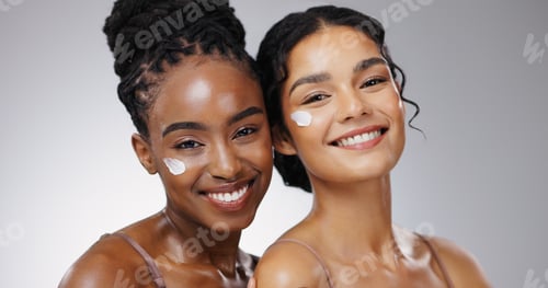 Preview: Portrait, cream and women with skincare, shine and dermatology on white studio background. Face, ha