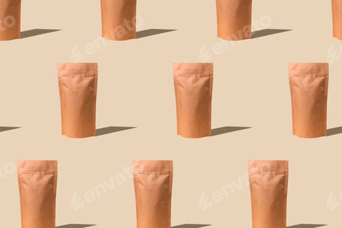 Preview: Pouch bag mockup pattern beige background monochrome. Blank brown kraft paper pack demonstration.