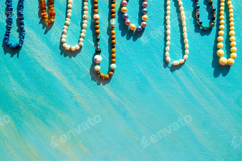 Preview: Different gems beads necklace. Jewel necklace modern fashion pattern or texture. copy space.