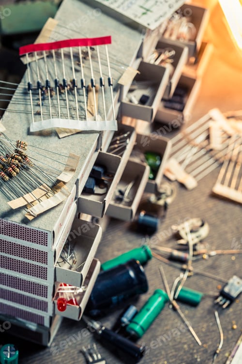 Preview: Old electronics components in laboratory on old wooden table