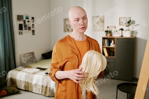 Preview: Young Adult Woman with Alopecia Holding Blonde Wig in Bedroom