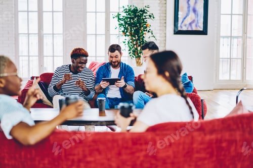 Preview: Emotional people talking about text publication on modern touch pad technology
