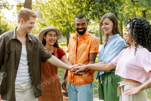 Preview: Group of young, multinational people joining hands in park, teamwork concept