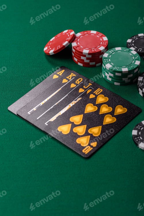 Preview: Playing card game poker in casino with chips, bets and risk. Cards and chips