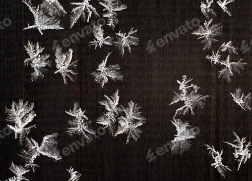 Preview: Rime frost crystals on wooden board after cold winter night