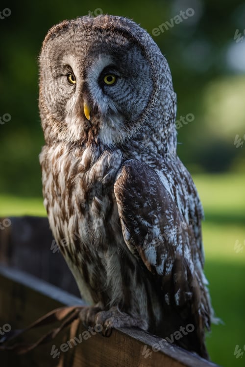 Preview: A large bearded owl sits on a fence in a park. Close-up portrait of an adult owl