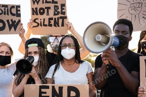 Preview: Demonstrator people from different culture and races protest on the street for equal rights