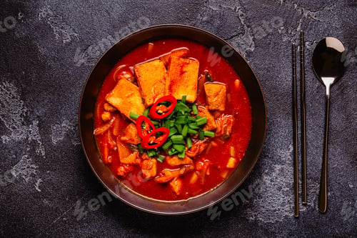 Preview: Korean traditional food, spicy kimchi soup (kimchi tige) with pork and tofu cheese.