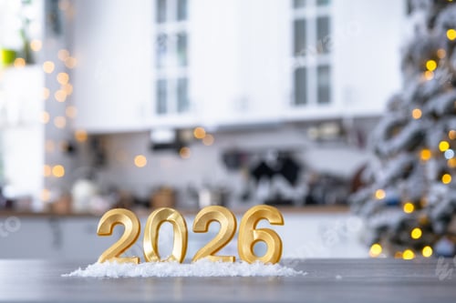 Visualização: Número dourado 2026 na mesa no fundo da aconchegante cozinha branca com árvore de Natal