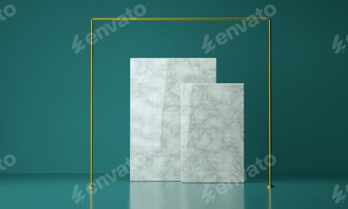 Preview: 3D render luxury marble square with golden frame, studio background for product display