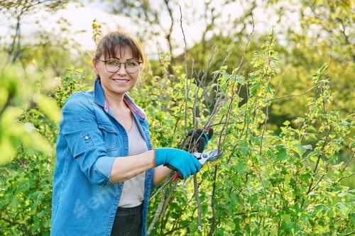 Preview: Gardener woman in gloves with pruner cuts off dry branches on blackcurrant bush