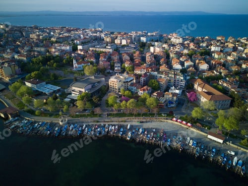 Preview: Promenade with people walking near Black Sea Bulgaria under a cloudy sky