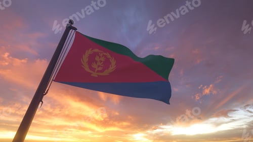 Preview: Eritrea Flag on Flagpole by Evening Sunset Sky