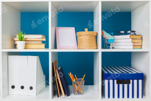 Preview: Stacks of supplies and paperwork in the office and bookshelves