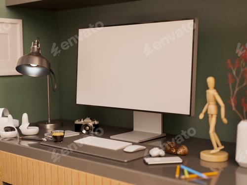 Preview: A modern home workplace with a modern PC computer and accessories on the table.