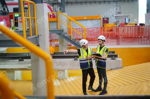 Preview: Two Technicians or Engineers Checking and maintaining Machine Equipment of train in station.