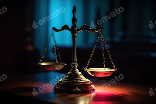 Preview: Photo of a golden balance scale on a wooden table. Justice concept