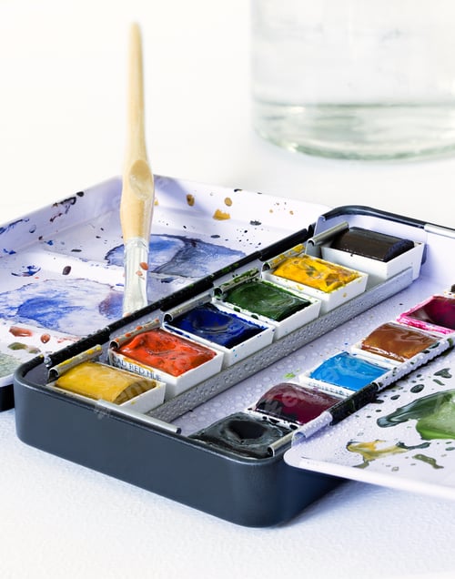 Preview: Palette of Watercolors with Brush and Water