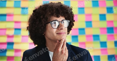 Preview: Creative, thinking and business man with sticky note for problem solving, project ideas and agenda.