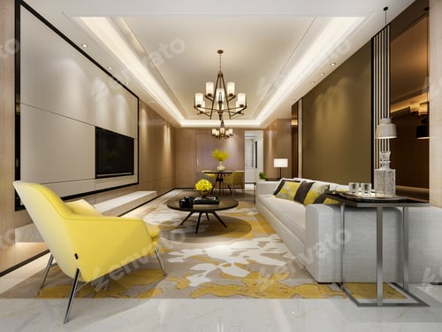 Preview: 3d rendering modern dining room and yellow living room with luxury decor