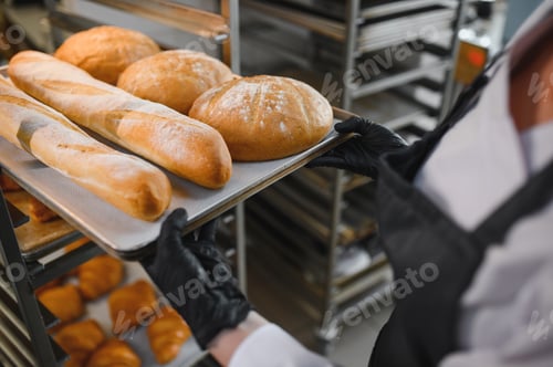 Preview: Baker holding tray of freshly baked bread in bakery