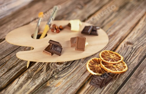 Preview: Assorted chocolates are set on an artistic palette against a warm wooden background.