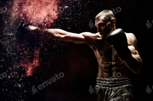 Preview: Professional Boxer Hits The Bag. The Concept Of Sport, Boxing, Healthy Lifestyle, Mma. Mixed Media