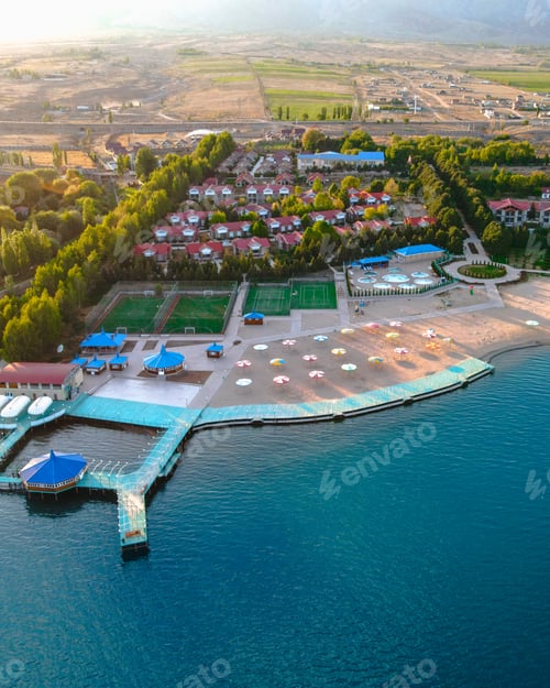 Preview: Sunny Aerial View of Issyk Kul Lakefront Resort