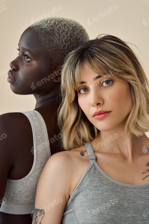 Preview: Gen z diverse girls beauty models faces on beige background, vertical portrait.