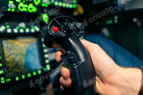 Preview: cockpit of a military plane a pilot with a steering wheel and many buttons on the control panel