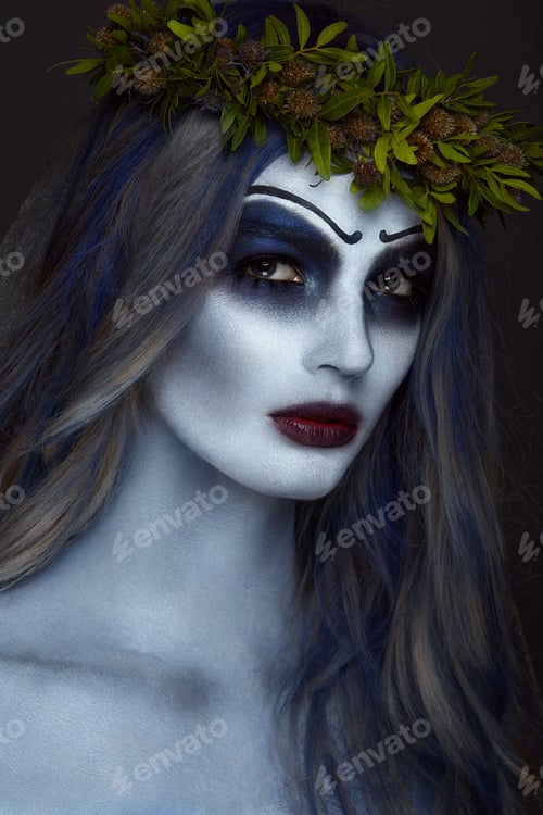 Preview: Portrait of a horrible scary Corpse Bride in wreath with dead flowers, halloween makeup