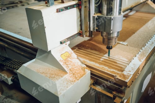 Preview: Close shot of a drilling cnc machine at wood machining industry