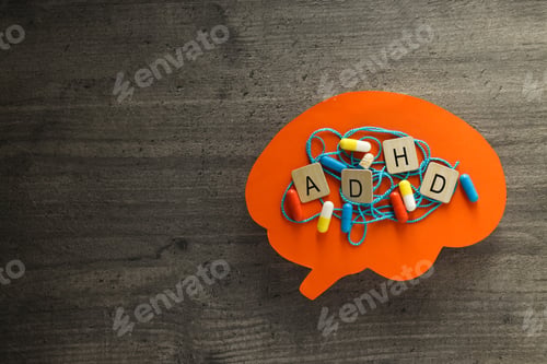 Preview: Paper brains with tangled thread, pills and letters with space for text