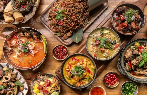 Preview: many different thai food dishes on table in modern restaurant in bangkok thailand