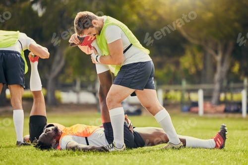 Preview: Rugby sports, men training and stretching outdoor on grass field with team warm up for legs. Athlet