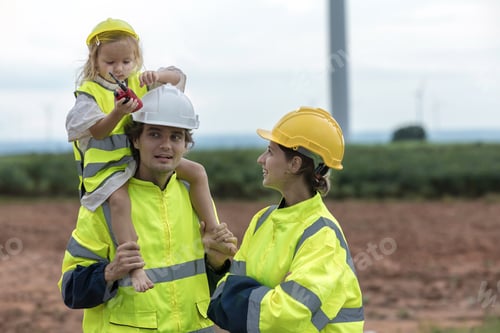 Preview: Engineer and family working at windmills.