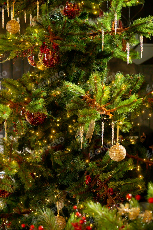 Preview: Vintage handmade Christmas tree toy hanging on a Christmas tree, close-up