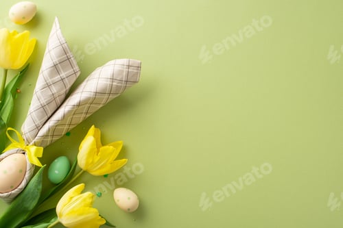 Preview: Bunny-inspired Easter charm. Overhead photo of a table adorned with an egg in bunny-ear napkin